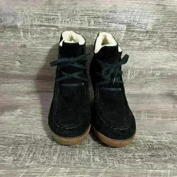 Rebecca Minkoff Black Suede Lace Up Wedge Booties Size 10M - Picture 3 of 13